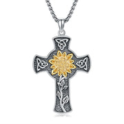 Sunflower Cross Necklace 925 Sterling Silver for Women Celtic Knot Pendant Necklaces Jewelry Gift With 55CM Stainless Steel Chain