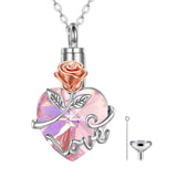 Sterling Silver Rose Love Heart Crystal Urn Necklace for Ashes Womens Rose Cremation Jewelry