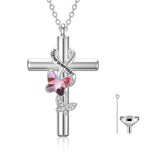 Butterfly Cross Urn Necklaces for Ashes 925 Sterling Silver Blue/Purple Crystal Butterfly Cross Necklace for Women