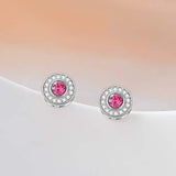 Round Cut Pink Halo Stud Earrings with Crystals,Hypoallergenic Earrings