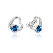 925 Sterling Silver Filigree Hollow Heart Ear Stud with Blue Cubic Zirconial Valentine Jewelry