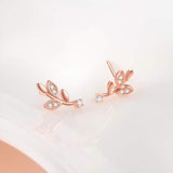 Rose Gold 925 Sterling Silver Leaf Stud Earrings with CZ