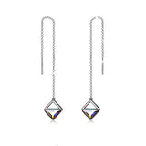 Sterling Silver Threader Crystal Earrings Long Chain Geometric Earrings Square Drop with Crystals