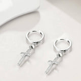 Cubic Zirconia Cross Clip On Dangle Hoop Earrings in White Gold Plated Sterling Silver