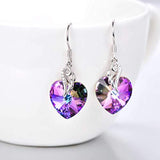 Sterling Silver Love Heart Dangle Drop Earrings with Purple Crystals