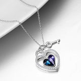 Lock and Key Heart Pendant Necklace Made with Blue Purple Crystals,Love Heart Jewelry Gifts for Women Girls