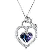 Lock and Key Heart Pendant Necklace Made with Blue Purple Crystals,Love Heart Jewelry Gifts for Women Girls