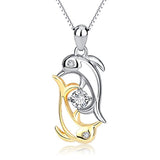 Double Dolphins Crystal Pendant Necklace with 18K Gold Overtone Sterling Silver,18"