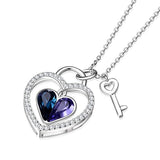 Lock and Key Heart Pendant Necklace Made with Blue Purple Crystals,Love Heart Jewelry Gifts for Women Girls