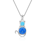 Cat Necklace 925 Sterling Silver with Blue Crystal Box Chain 18" for Women Girl