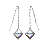 Sterling Silver Threader Crystal Earrings Long Chain Geometric Earrings Square Drop with Crystals