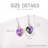 Sterling Silver Love Heart Dangle Drop Earrings with Purple Crystals