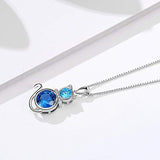 Cat Necklace 925 Sterling Silver with Blue Crystal Box Chain 18" for Women Girl