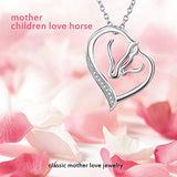 S925 Sterling Silver Mother and Child Horse Head Heart Shape Pendant Necklace 18"