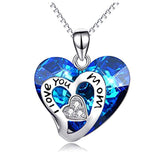 I Love You Mom 925 Sterling Silver Heart Pendant Necklace with Blue Crystals from Crystal