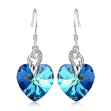 Sterling Silver Love Heart Dangle Drop Earrings with Blue Crystals