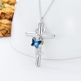 Butterfly Cross Urn Necklaces for Ashes 925 Sterling Silver Blue/Purple Crystal Butterfly Cross Necklace for Women