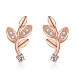 Rose Gold 925 Sterling Silver Leaf Stud Earrings with CZ