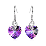 Sterling Silver Love Heart Dangle Drop Earrings with Purple Crystals