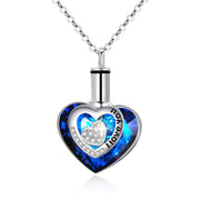 925 Sterling Silver Urn Necklaces for Ashes Engraved I Love You Pendant Cremation Necklace with Blue Heart Crystals