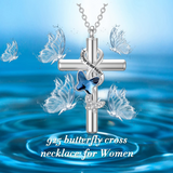 Butterfly Cross Urn Necklaces for Ashes 925 Sterling Silver Blue/Purple Crystal Butterfly Cross Necklace for Women