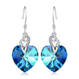 Sterling Silver Love Heart Dangle Drop Earrings with Blue Crystals