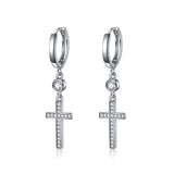 Cubic Zirconia Cross Clip On Dangle Hoop Earrings in White Gold Plated Sterling Silver