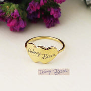 Copper/925 Sterling Silver Personalized Handwriting Double Heart Engraved Ring