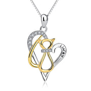 925 Sterling Silver Love Heart Yellow Gold Cat Lucky Jewel Necklace