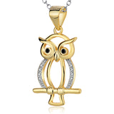 925 Sterling Silver Yellow Gold Night Owl On A Branch Rolo Chain Necklace