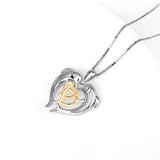 925 Sterling Silver Lovely Double Dolphin Double Gold Heart Neckalce