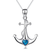 925 Sterling Silver Ship Anchor Sailors Blue Crystals Charm Pendant with Chain Jewelry Necklace