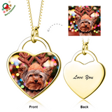 Christmas Gift- 14K Gold Customize Pets' Color Photo&Text in Love Heart Pendant Necklace