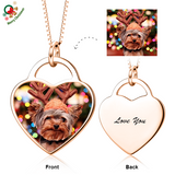 Christmas Gift-925 Sterling Silver Customize Pets' Color Photo&Text in Love Heart Pendant Necklace