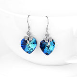 925 Sterling Silver Lucky Clover Blue Heart Crystals Drop Earrings