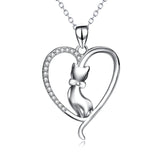 925 Sterling Silver Love Heart Lovely Cat Jewelry Necklace