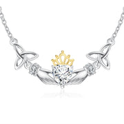 925 Sterling Silver Angel Wing Shape Love Heart Crystal Princess Crown Necklace