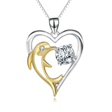 925 Sterling Silver Lucky Love Heart Gold Dolphin Pendant Necklace