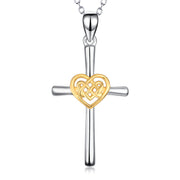 925 Sterling Silver Two-Tone Love Heart Religious Cross Necklace