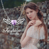 925 Sterling Silver Angel Wing Purple Heart Crystal Necklace