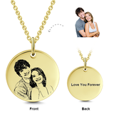 14K Gold Personalized Engraved Photo With Message Round Necklace Adjustable 16”-20”