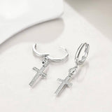 Cubic Zirconia Cross Clip On Dangle Hoop Earrings in White Gold Plated Sterling Silver