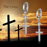 Cubic Zirconia Cross Clip On Dangle Hoop Earrings in White Gold Plated Sterling Silver